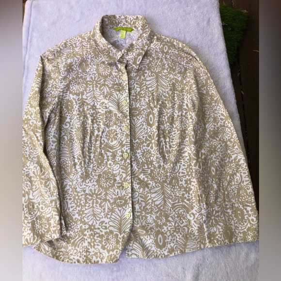 Sigrid Olsen Tan and White Floral Button Up - Picture 2 of 6